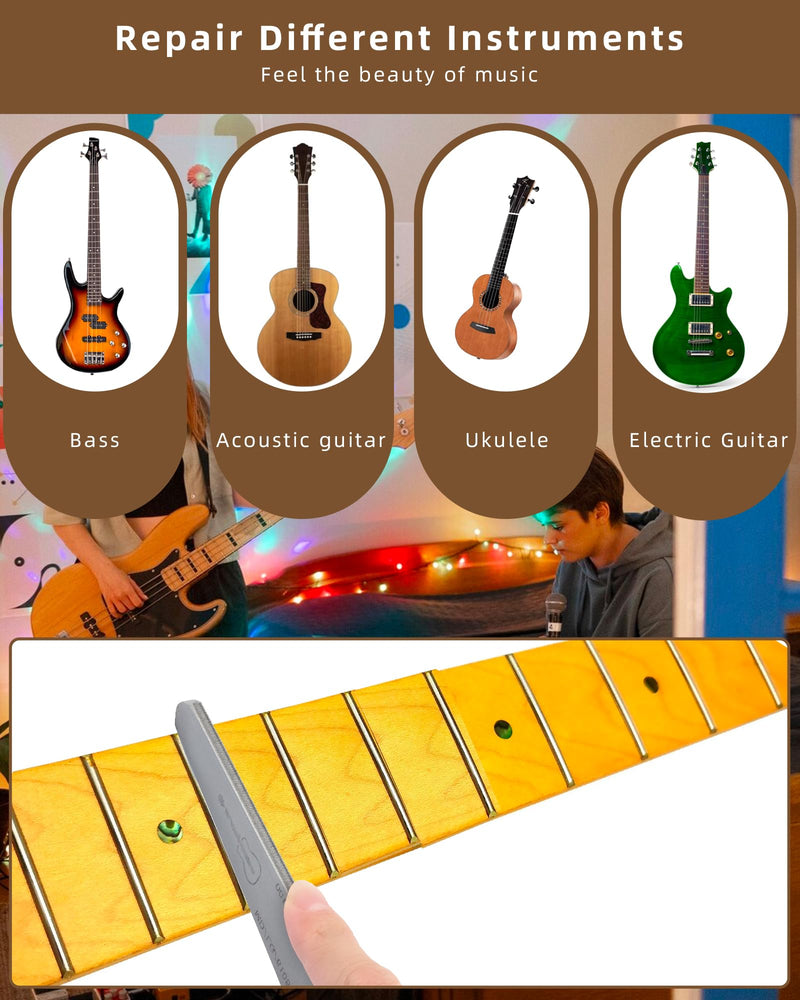 Guitar Fret File, Double-Side Fret Crowning File, Professional High Carbon Steel Design Fret File for Electric, Acoustic and Bass Guitars - MD, LG, XL Frets with Clean brush fret file with clean brush