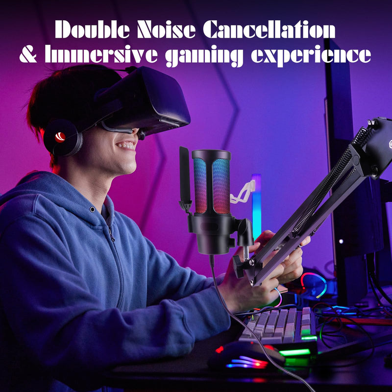 VCOM Gaming USB Microphone Kit,Condenser Dynamic Boom Arm Mic for Podcasting,Streaming, with Boom Arm Stand,Quick Mute,Pop Filter,RGB Indicator,Shock Mount,Rotate gain Button, Compatible with PS4/5/PC