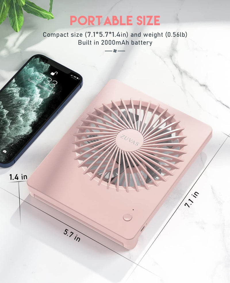Zuvas Desk Fan Battery Operated Fan Rechargeable 180°Tilt Folding Personal Fan Ultra Quiet Small Portable Fan 3 Speed Adjustable Strong Wind USB Fan For Office Bedroom Home Desktop Camping Peach