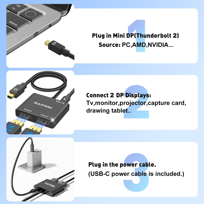 Mini DisplayPort to Dual DisplayPort 1.4 Adapter, Single 8K60Hz,HDR | Thunderbolt 2 Male to 2 DP Female Splitter Extended Display Port Splitter for MacBook Air/Pro,Mac mini,Surface Pro/Dock Gold