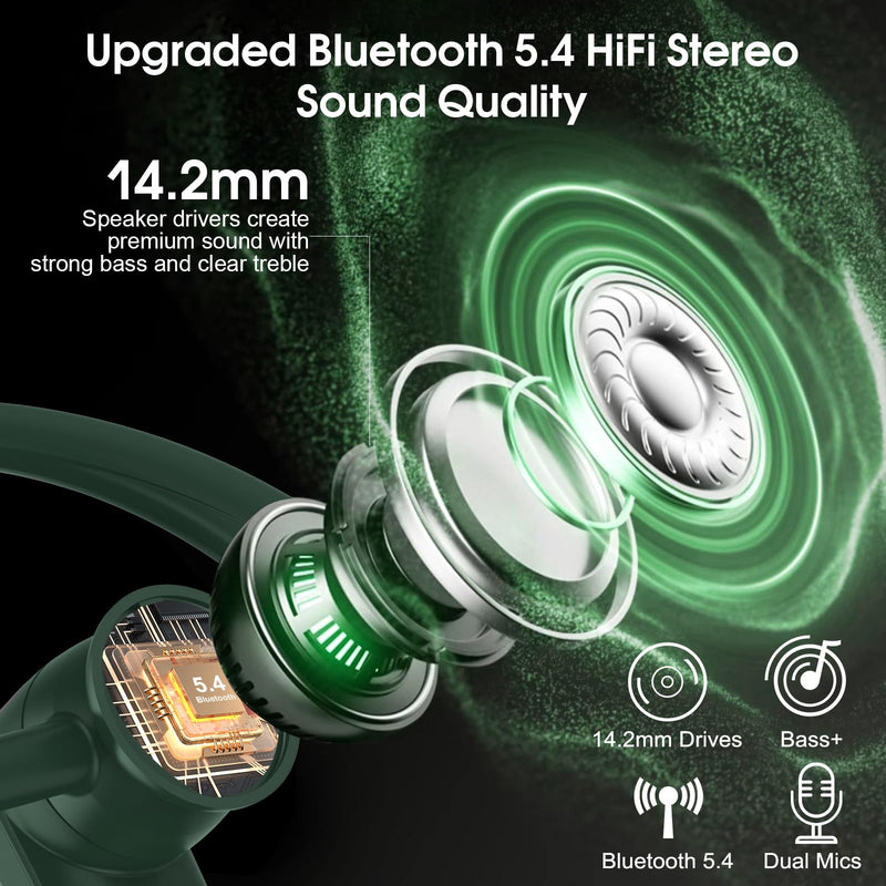 Bluetooth Headset, Wireless Bluetooth Earpiece with ENC Noise Canceling Mic, 120Hrs Talk Single-Ear Headphones, LED Display, IPX7, V5.4 Hand-Free Earphone for Business/Trucker/Driver (Dark Green)