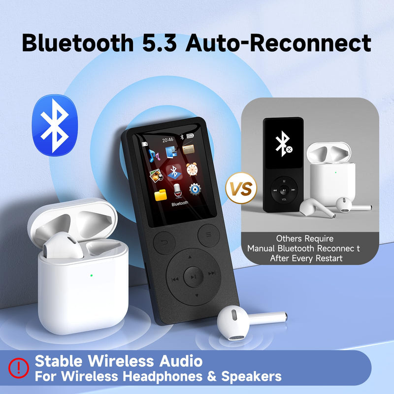 [AUSTRALIA] - 64GB MP3 Player with Bluetooth 5.3 Auto Reconnect, MP3 Music Player with Speaker, 1.8" Screen & Physical Buttons, Voice Recorder, FM Radio, 40H Battery Life, No WiFi, Support 128GB microSD Card Black 