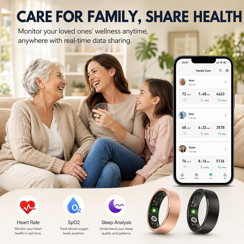Smart Ring for Women Men Health Tracker - IP68 Waterproof Fitness Ring with Heart Rate/Blood Oxygen/Blood Pressure/Sleep Tracker/Step/Calories for iOS and Android,No Subscription Fee,Gold 10