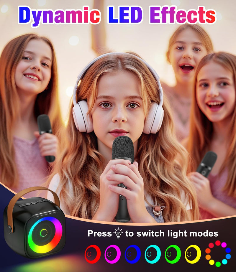 Mini Karaoke Machine, Portable Bluetooth Speaker with 2 Wireless Microphones for Kids & Adults, Karaoke Microphone with LED Lights, Gifts for Girls & Boys Black