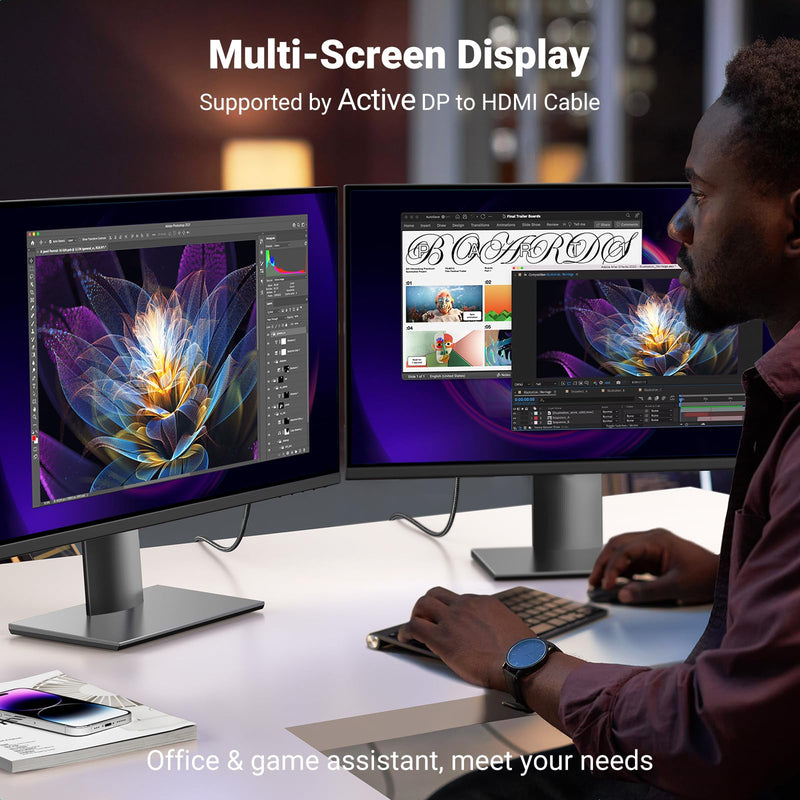 UGREEN 4K@60Hz DisplayPort to HDMI Cable HDR Active DP 1.2 to HDMI 2.0 Cord Aluminum Braided Uni-Directional Display Port to HDMI Converter 6.6FT Compatible with Monitor, Projector, Dell, Lenovo, HP