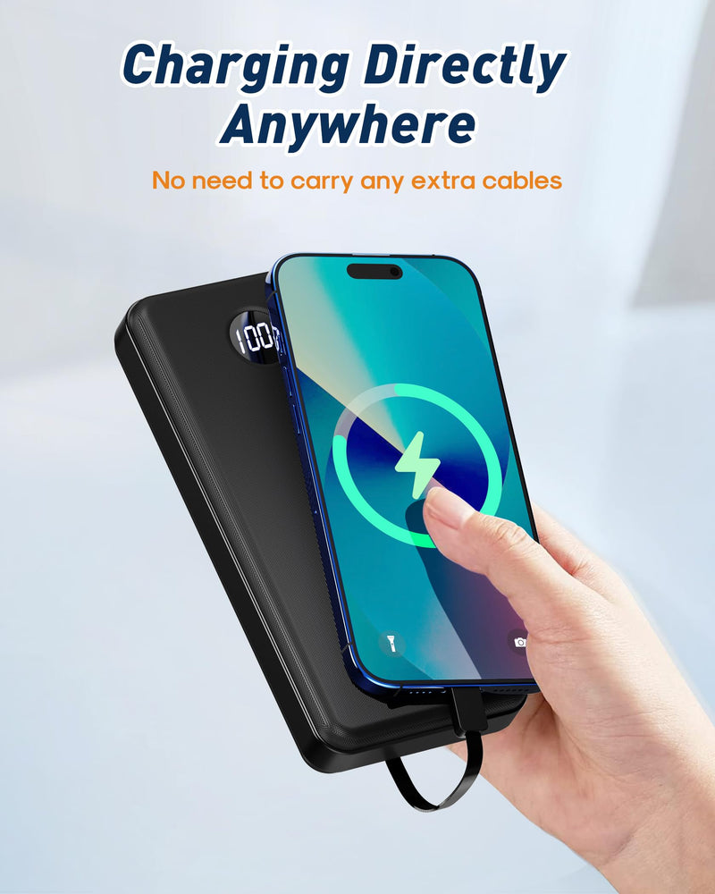 Portable Charger Power Bank - 37000mAh Portable Phone Battery with 4 Built-in Cables, 22.5W Fast Charging Battery Pack Bank Compatible with iPhone 16 15 14 13 Android Samsung Google Pixel etc(1 Pack) Black