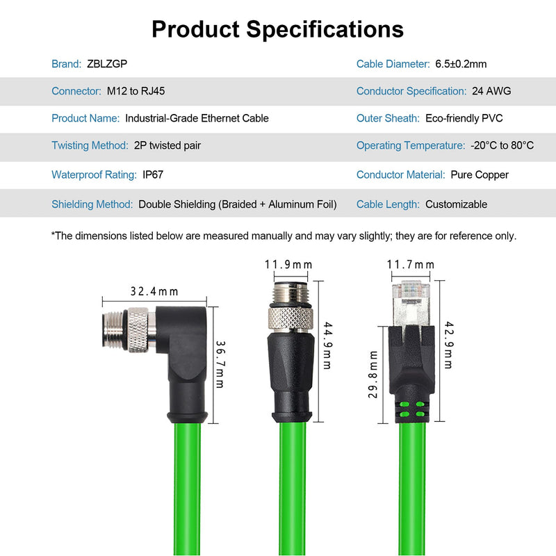 M12 D-Code 4-Pin Male to RJ45 Industrial Ethernet Cable, 10M (32.8ft), 24AWG CAT5e SFTP Shielded PVC, IP67 Waterproof, for Profinet, Cognex, Keyence, Basler Vision Camera & Automation Green