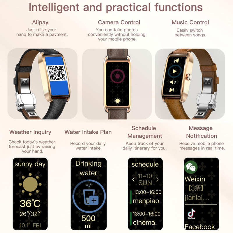 Amoled Laies Smart Watch for Women Smartwatch with Leather Strap Heart Rate Stress Sleep Monitor 12 Sports Modes Fitness Tracker Watch Notifications Music & Camera Control Waterproof iOS Android Blue & Gold
