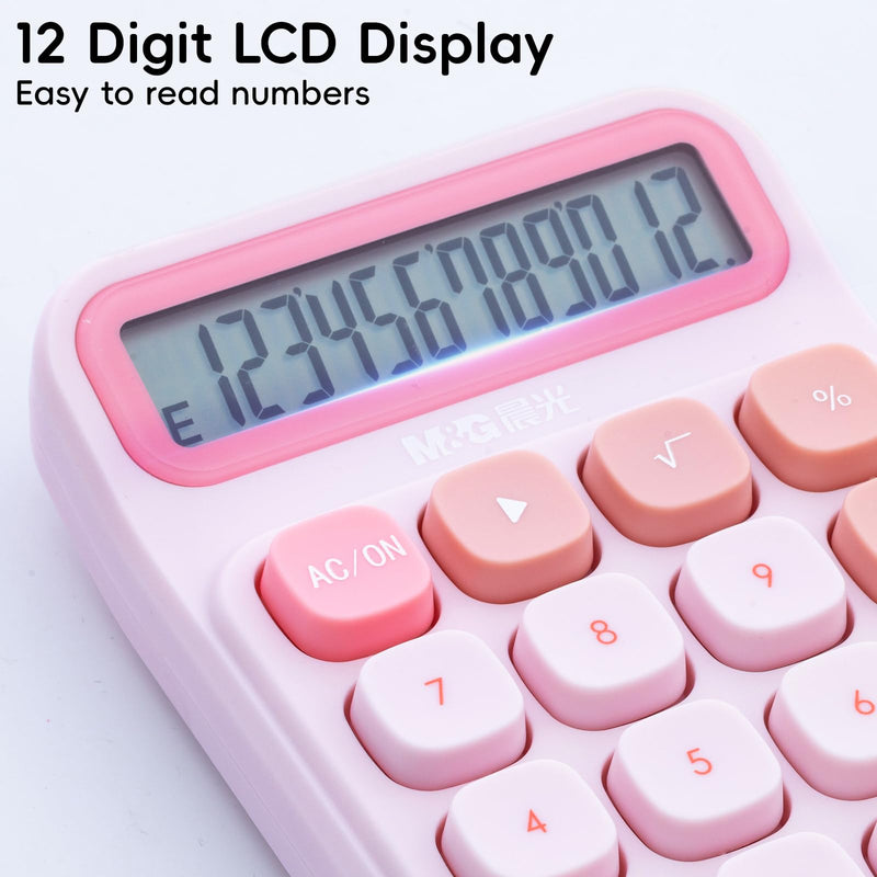 M&G Desktop Calculator 12 Digit Mechanical Switch Calculator with Large LCD Display, Basic Cute Pink Calculator with Big Buttons, Aesthetic Calculator for Office Home School (Battery Included)