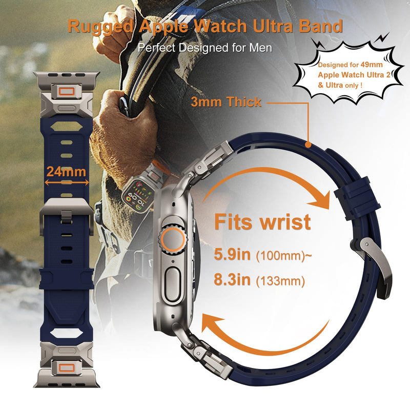 Sport Band for Apple Watch Ultra 2 & Ultra 49mm, FKM Rugged Ultra 2 Watch Bands for Men, Waterproof Apple Watch Wristband with Metal Connector, Men's Military Sport iWatch Replacement Strap 49mm-24mm Blue