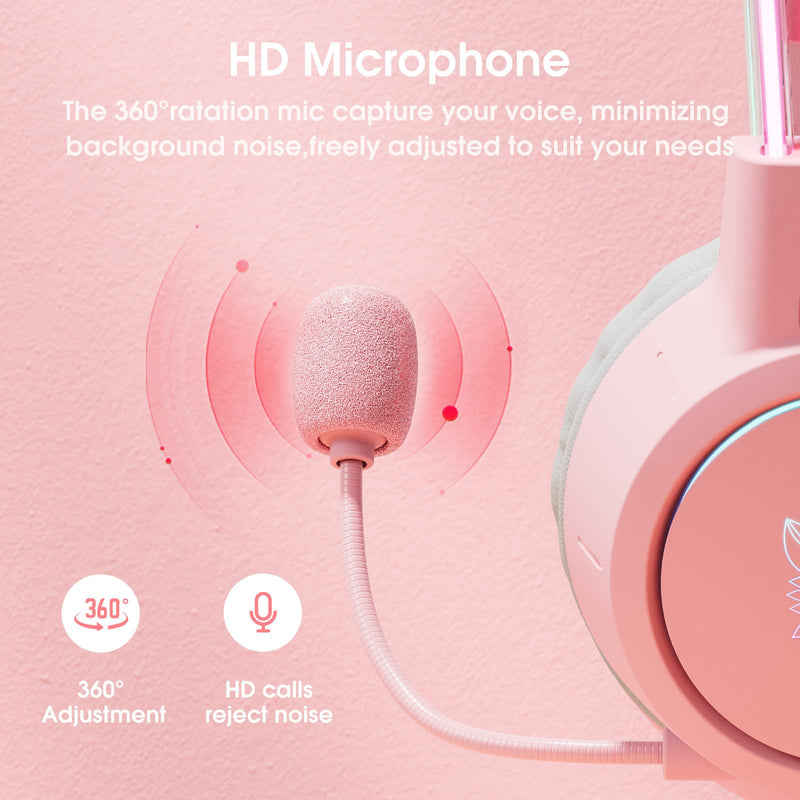 [AUSTRALIA] - Lightweight Gaming Headset with Detachable Deer Ears, RGB Lighting, Wired Over Ear Headphones with Mic for PC, PS4, PS5, Xbox, Switch, Stereo Surround Sound, Self-Adjusting Headband Pink Deer Ear 
