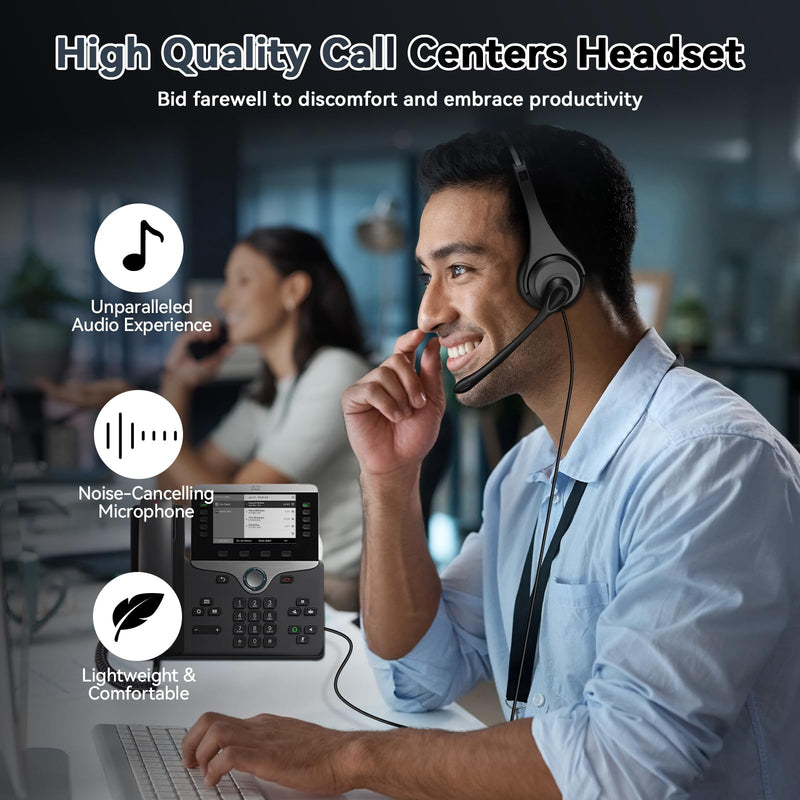 2.5mm Telephone Headset with Noise Canceling Mic & Volume Controls, Office Phone Headset for Call Center Compatible with Panasonic VTech AT&T Uniden RCA Cisco Gigaset etc Cordless Landline Phones Black-Binaural