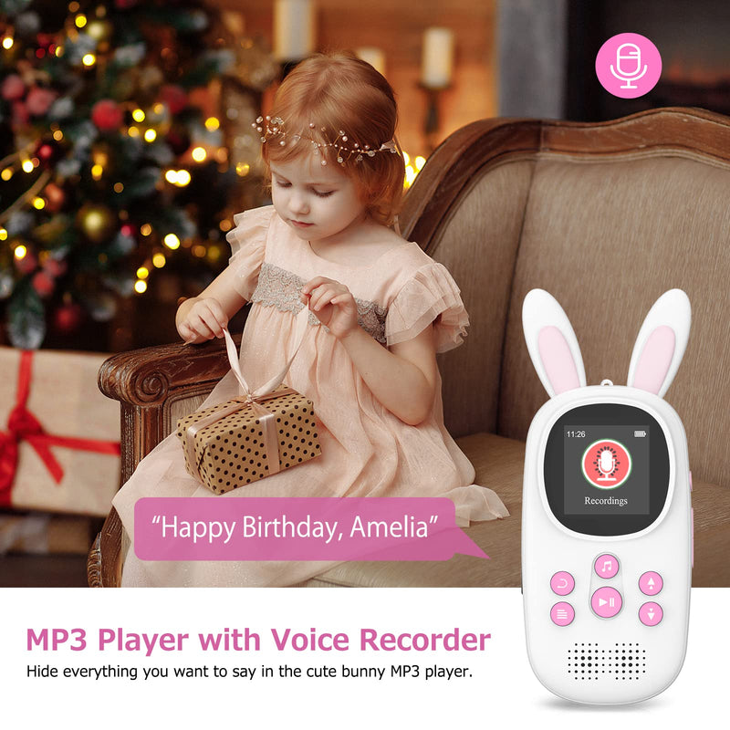 Mp3 Player for Kids, Cute Bunny Kids Mp3 Player with Bluetooth, 32GB Mp3 Players with Speaker, FM Radio, Recordings, Alarm, Pedometer, Stopwatch, Support up to 128GB