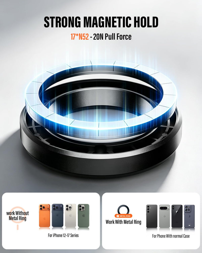 A2C Magnetic Wall Mount with 3M VHB, for Kitchen, Shower, Mirror, Office | 10mm Thick, 17 N52 Magnets, Strong Hold, Waterproof, Low Profile, Fits iPhone 12-17 & All Android (ring)