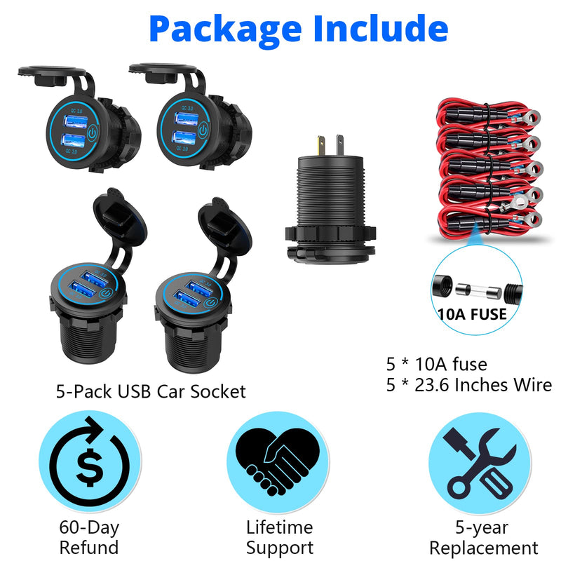 5 Pack Quick Charge 3.0 12V USB Outlet, Qidoe Waterproof QC3.0 Dual USB Power Outlet with Touch Switch Fast Car Charger Socket for 12V-24V Car Golf Cart Boat RV Motorcycle - More Affordable Pack