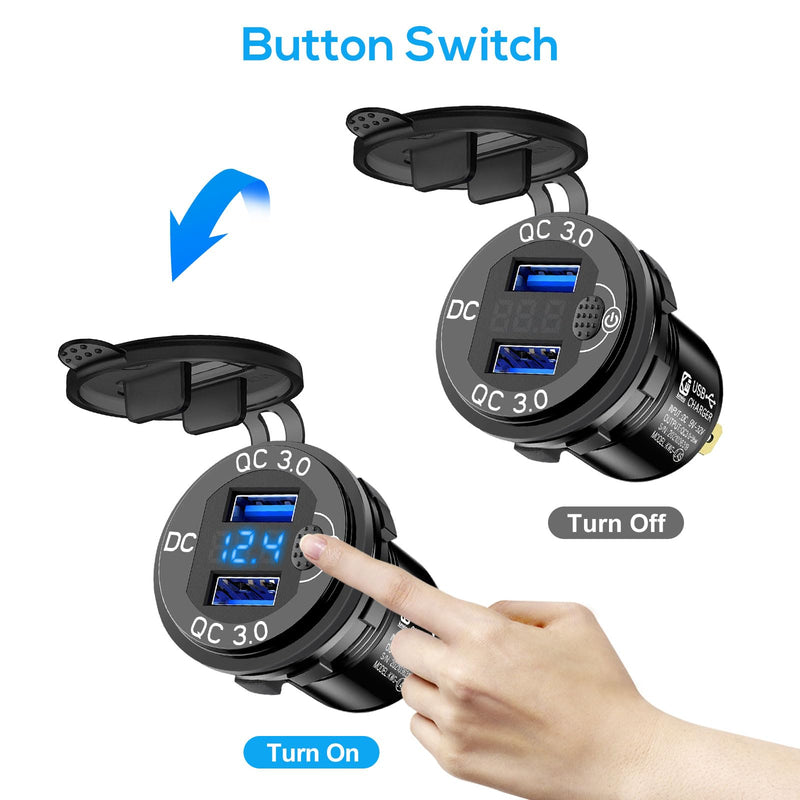 Linkstyle 2PCS 12V USB Outlet, Dual 18W QC3.0 USB A Ports Car Charger Socket with Botton Switch & Blue LED Voltmeter for 12V/24V RV Boat Truck