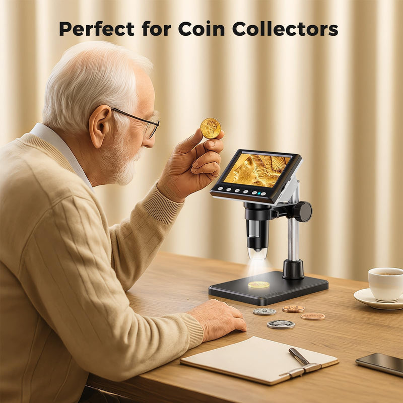 [AUSTRALIA] - 4.3 Inch LCD Digital Coin Microscope, 1000X USB Magnifier with 8 Adjustable LED Lights for Coin Inspection, Electronics Repair, Soldering, Windows/Mac Compatible, 1080P 