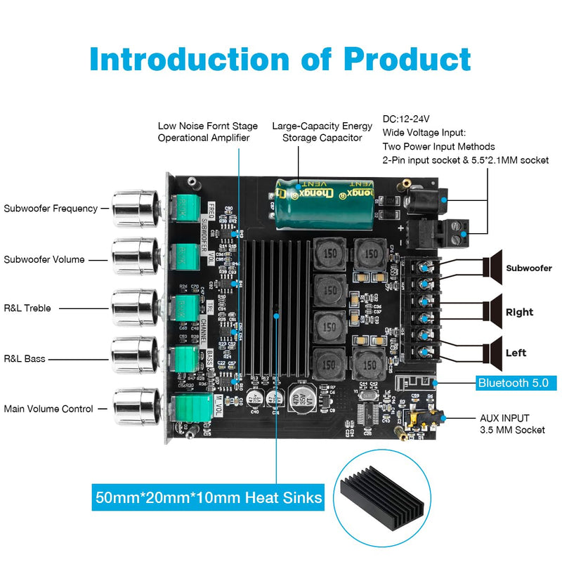 Bluetooth 5.0 50W+50W+100W 2.1 Channel Subwoofer Amplifier Board TPA3116D2 HiFi Treble and Bass Control Stereo Digital Audio Amp Board for Home Theater DIY Wireless Speakers