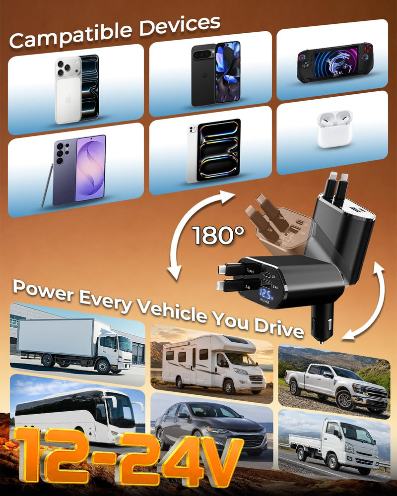 4 in 1 Retractable Car Charger, USB C Fast Charging Adapter, Black | Compatible with iPhone 17-8 and Samsung Galaxy; ideal gift for drives,cars,trucks,SUVs,road trips,rideshare,and family travel
