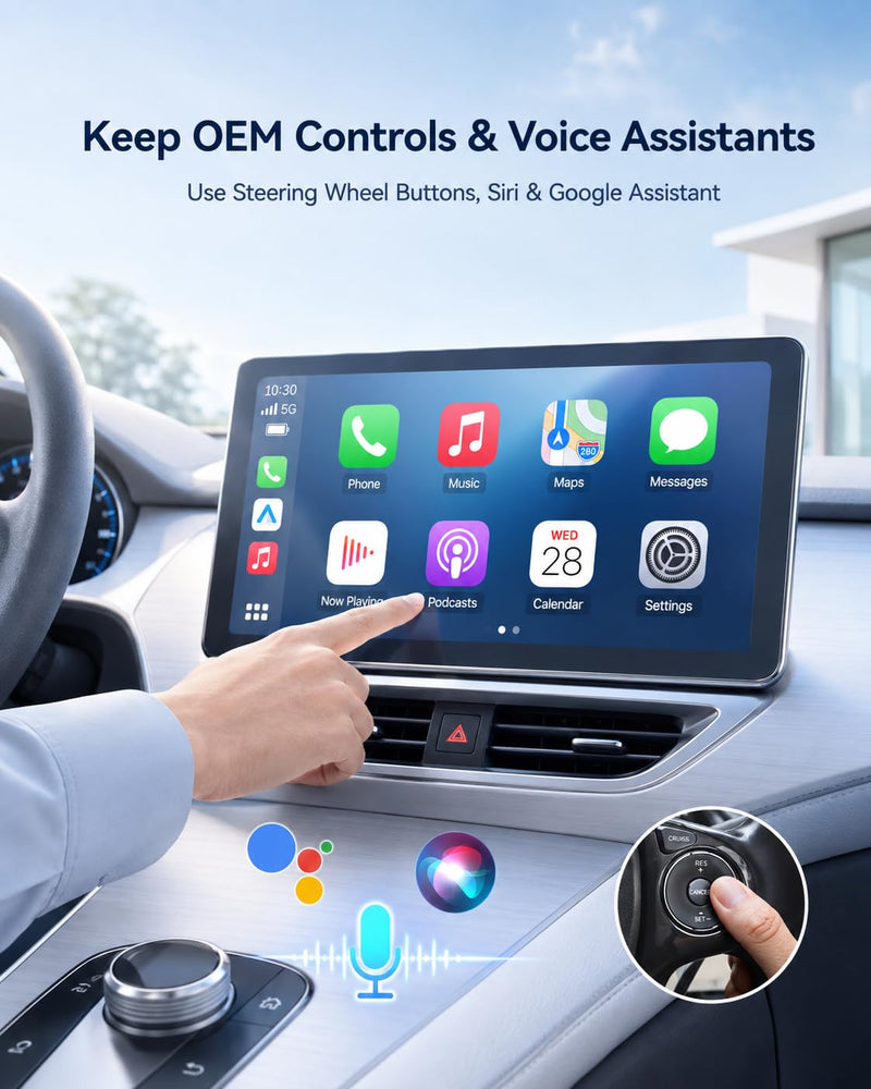 Wireless CarPlay Adapter USB C, Compact Android Auto Dongle | Direct USB-C plug-in converts factory wired CarPlay and Android Auto to wireless with 5GHz WiFi and auto reconnect.