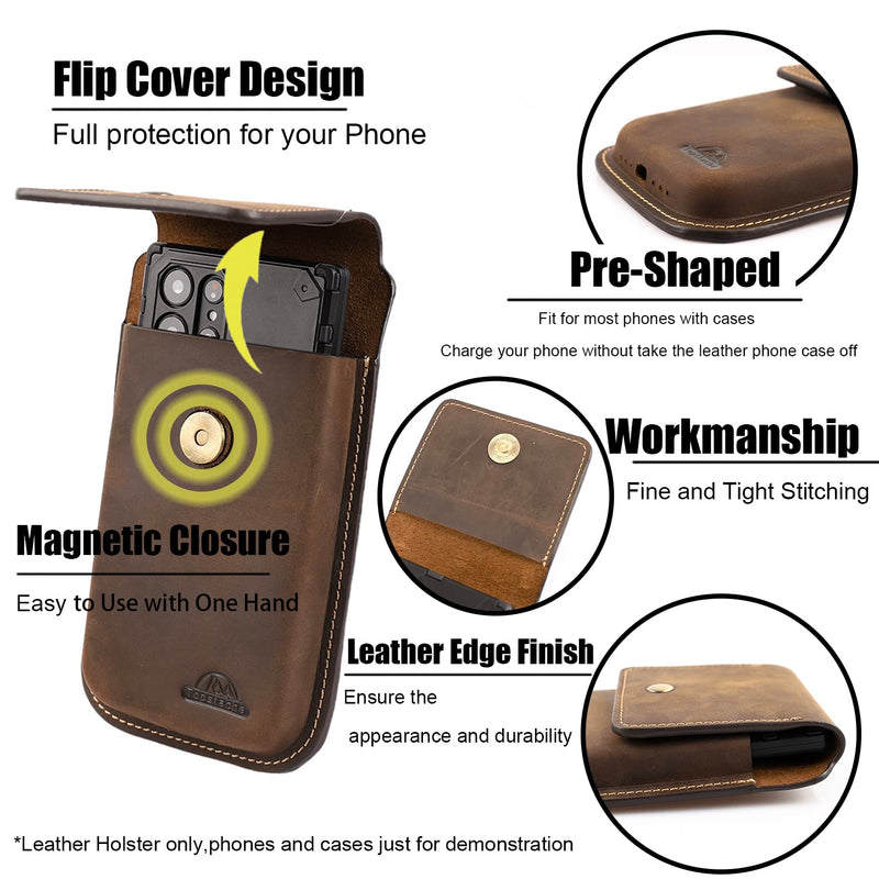 Topstache Leather Phone Holster for Belt,Flip Cell Phone Case with Belt Clip for S22 Ultra,S22 Plus,S22, Pouch for iPhone 14/13 Pro Max, Universal Smartphone Sheath X-Large Darkbrown