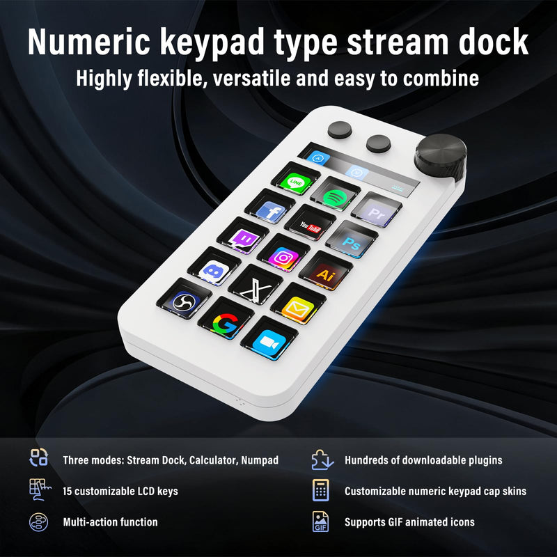 Streaming Deck,Macro pad/Calculator/Numeric Keypad Three Modes | 15 Customizable Macro Keys and LCD Bar,Large Dial,Workflow Controller,Compatible with Windows and Mac(N1 White)