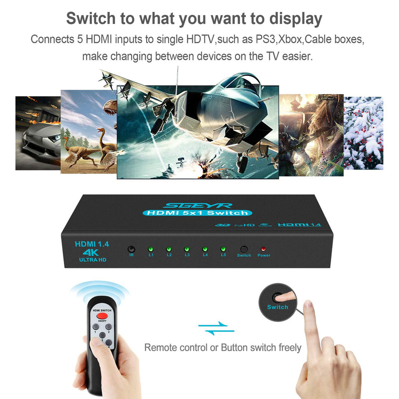 HDMI Switch SGEYR 5x1 HDMI Switcher 5 in 1 Out HDMI Selector 5 Port Box with IR Remote Control HDMI 1.4 HDCP 1.4 Support 4K@30Hz Ultra HD 3D 2160P 1080P Blue