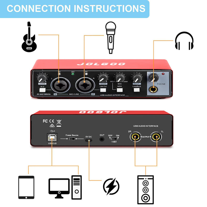 [AUSTRALIA] - USB Audio Interface, Red 24-Bit/192kHz Plug & Play Sound Card for Recording – XLR/Line In, Headphone Out, Low Latency, Compatible with PC, Mac, Smartphone 