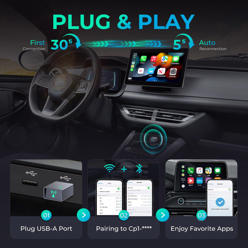 Wireless CarPlay Adapter for iPhone, Apple CarPlay Wireless Adapter 2024, Plug & Play Conversion from Wired to Wireless Bluetooth CarPlay, No Latency for iOS 10+ and Cars from 2016, USB Tpye A USB Type A