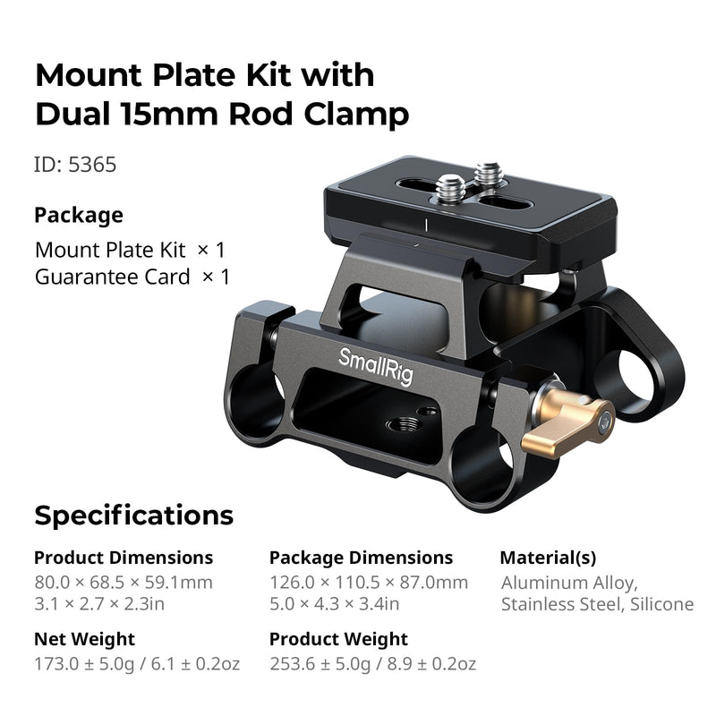 SMALLRIG Universal Mount Plate Kit with Dual 15mm Rod Clamp for Cameras, Built-in Quick-Release Plate for Arca-Swiss, with 1/4"-20 and 3/8"-16 Threaded Holes - 5365