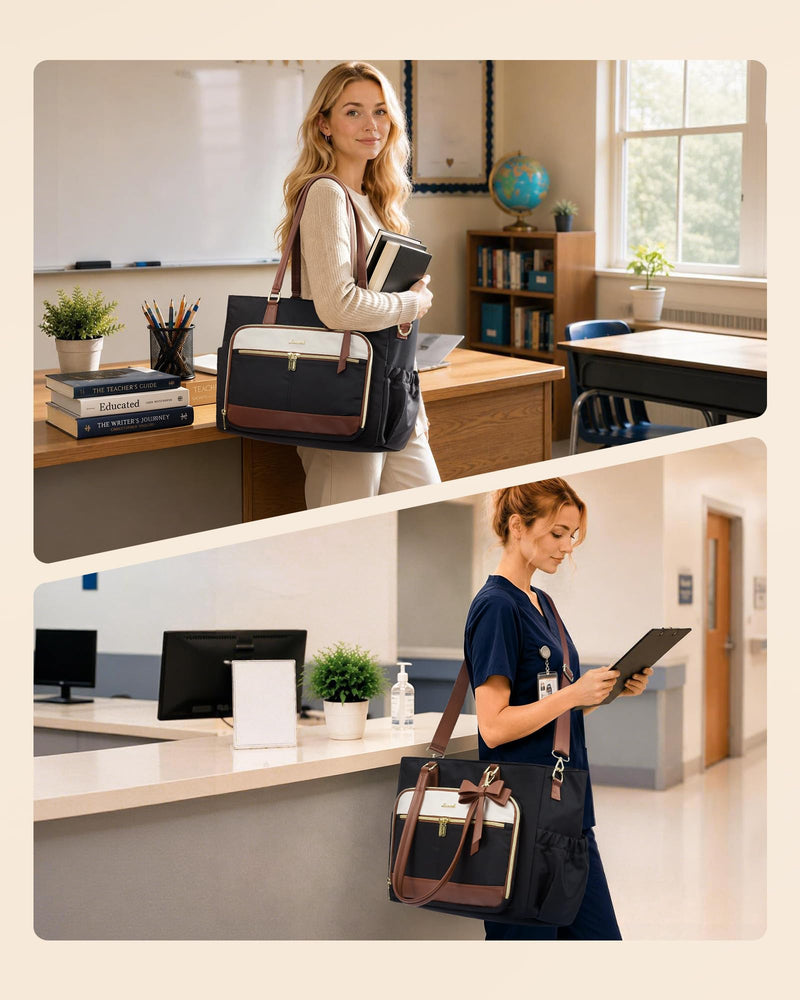 LOVEVOOK Teacher Tote Bag for Women, Work Laptop Tote, Computer Briefcase | Large Cup Holder, Nurse Bag for Travel, Business & Office, Bible Bag with Shoulder Strap, Gift Black-beige-brown 15.6 Inch