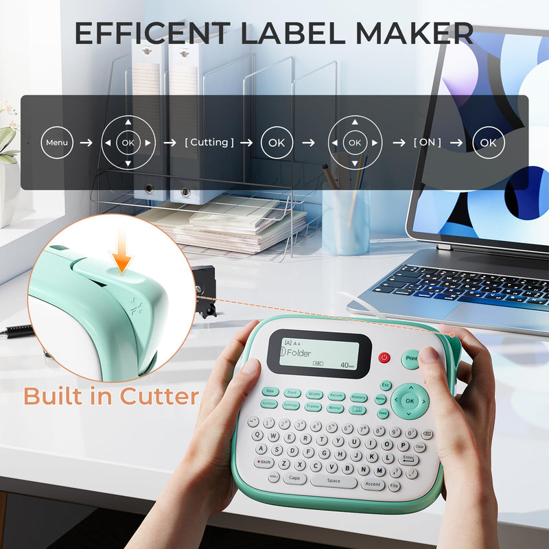 [AUSTRALIA] - Label Maker Machine with Tapes, D210S Label Maker with Keyboard, Handheld Labeler Machine with-Tape 12mm 0.47 Laminated White, Multiple Symbols for Home Office School Kids Use Green 