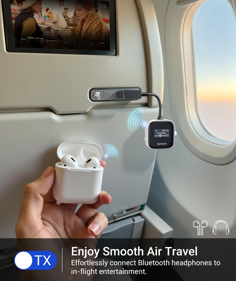 [AUSTRALIA] - Syntech Airplane Bluetooth Transmitter Receiver for 2 AirPods or Wireless Headphones, HD Display Low Latency 3.5mm AUX Jack Bluetooth 5.4 Audio Adapter for Flying, TV, Car, Gym, Home Stereo White 