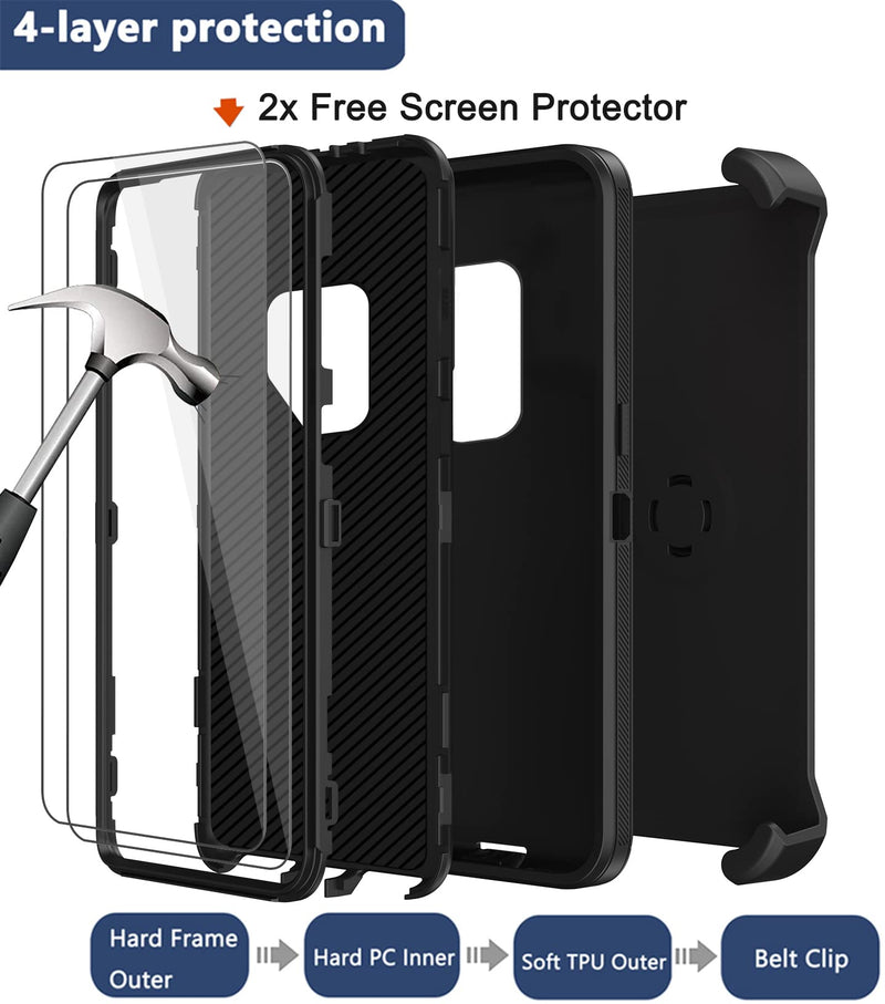 for Samsung Galaxy S9 Plus Case with Belt Clip Holster, 2X Screen Protector, Military Grade Protection Heavy Duty Full Body Shockproof Rugged Protective Cover for Samsung Galaxy S9+ Plus (Black) Black