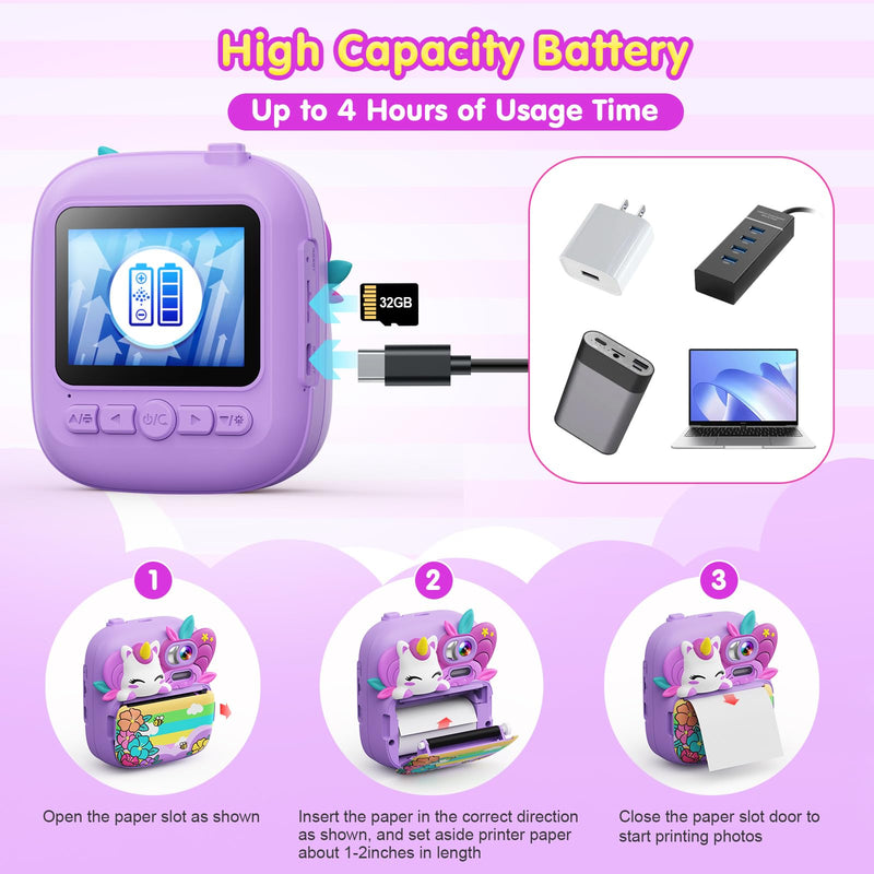 Kids Camera Instant Print, Camera for Kids with Printable Photos, Toddler Camera Toys for Children Ages 3-14, Digital Camera Birthday Gifts for Girls 4 5 6 7 8 9 10 11 12 13 Years Old - Purple
