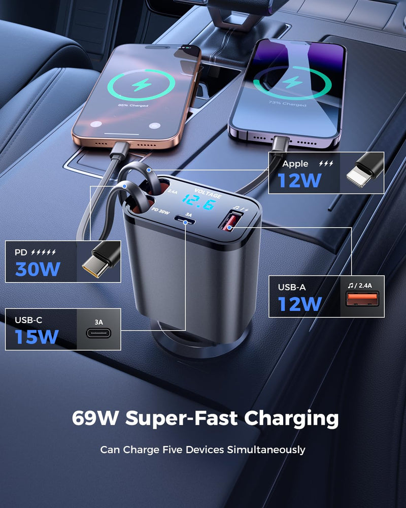 [AUSTRALIA] - SUPERONE 69W Retractable Car Charger with Dual Cables, Compact Bluetooth 5.3 Car Adapter, FM Transmitter Radio Receiver for Hands-Free Calls & MP3 Music, USB C Fast Charging for iPhone Android 