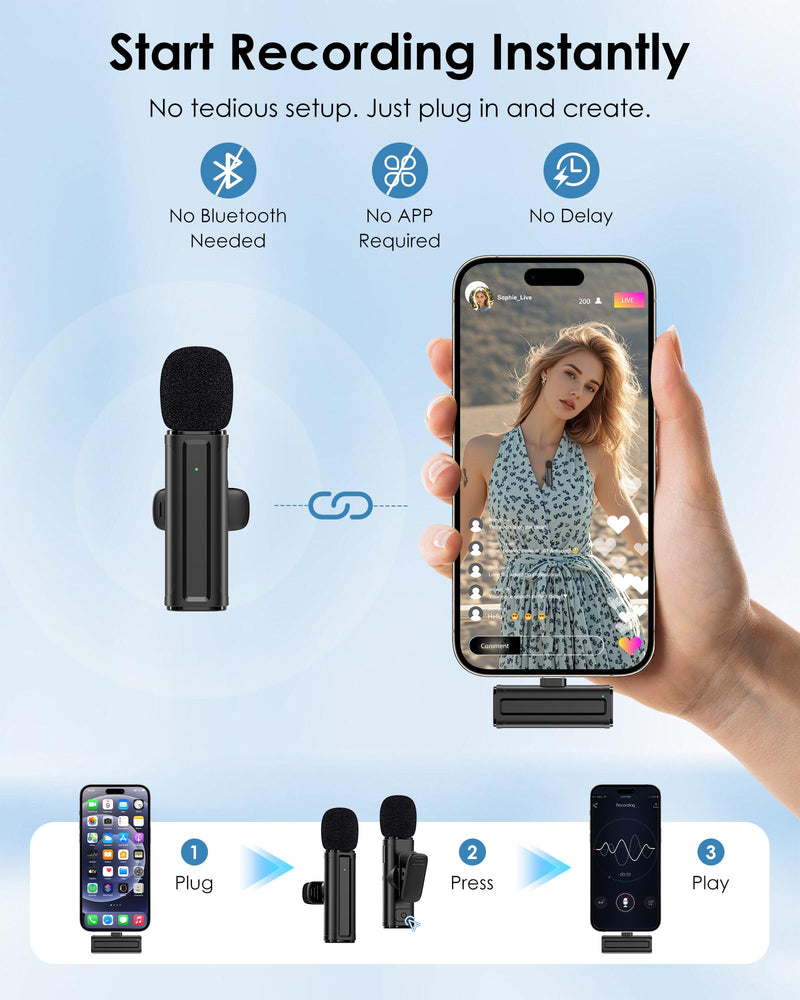 Wireless Mini Microphone for iPhone, iPad, Android, 2 Pack Lavalier Mic with 360° Rotatable Clip, Plug and Play Noise Reduction USB-C Mic for Video Recording YouTube TikTok Podcast Content Creators Black