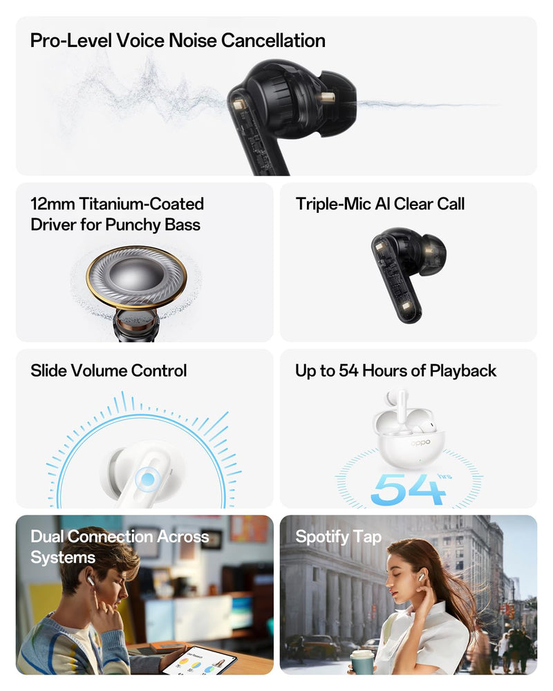 OPPO Enco Air5 Pro True Wireless Earbuds, Bluetooth 6.0 in-Ear Headphones Stereo, 55dB Active Noise Cancellation, Triple-Mic AI Clear Call, Hi-Res Audio, 54H Playtime, Deep Bass, IP55, Pearl White