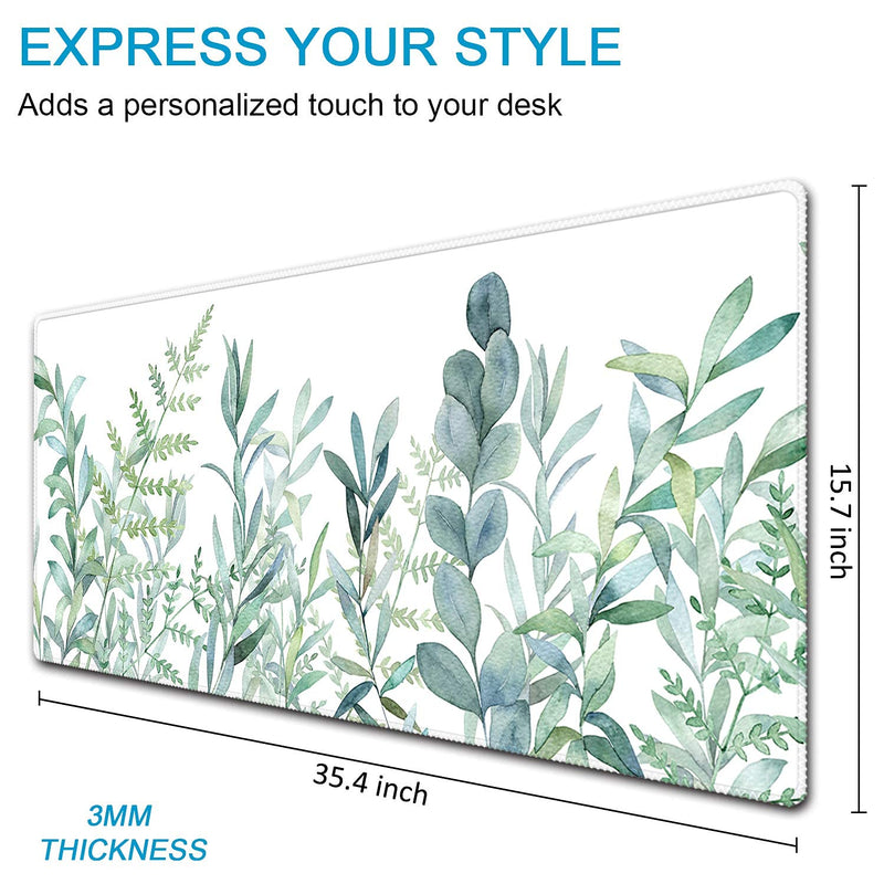 Extended Gaming Mouse Pad (35.4x15.7 inch 3mm Thick), iDonzon Soft Cute Extra Large XXL Waterproof Thicken Desk Mouse Keyboard Mat with Non-Slip Rubber Base & Stitched Edges, Green Plants
