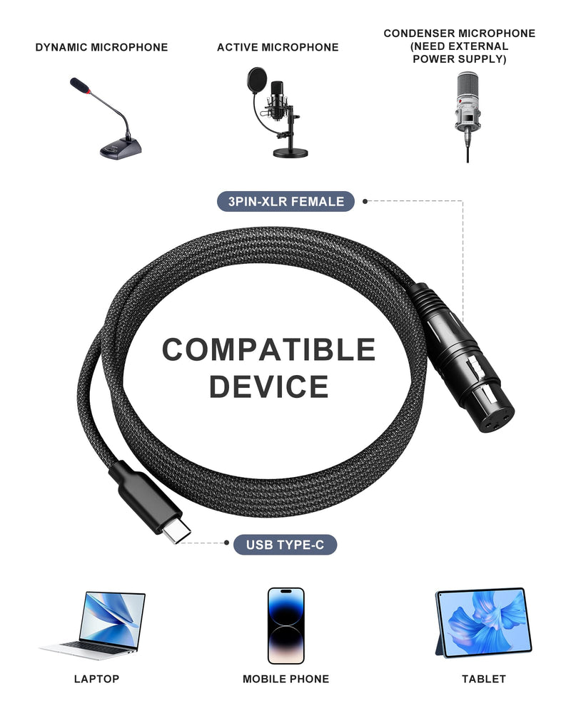 XLR Cables 6FT XLR to USB C Cable,USB C Male to XLR Female 3-Pin Connector Adapter Microphones Audio Cable for Microphone Recording,Connects to Smartphones and Tablets