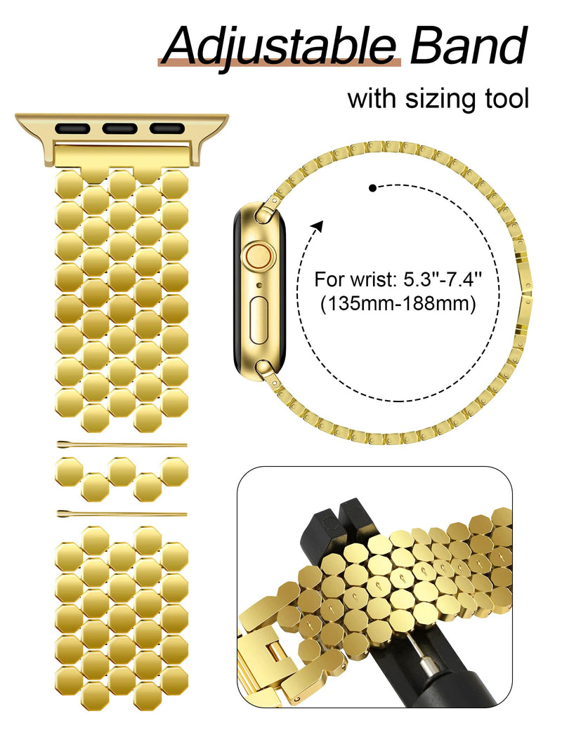 JR.DM Honeycomb and beaded Bands Compatible with Apple Watch 38mm 40mm 41mm 42mm 44mm 45mm 46mm for Women, Dressy Gold Silver Metal Strap Replacement for iWatch Series 10/9/8/7/SE/6/5/4/3/2/1