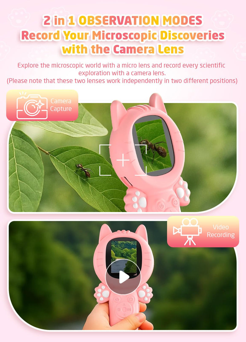 [AUSTRALIA] - 2-in-1 Microscope Camera for Kids, Mini Handheld Microscope Supporting Multiple Viewing Angles, Outdoor Educational Science Adventure Toys, Birthday Gifts for 3-10 Years Old Girls, Pink Cat 