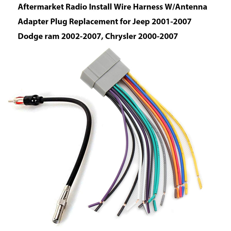 RED WOLF Aftermarket Radio Install Wire Harness W/Antenna Adapter Plug Replacement for Jeep 2003-2007,Dodge ram 2002-2007, Chrysler 2000-2007 Radio harness + antenna adapter