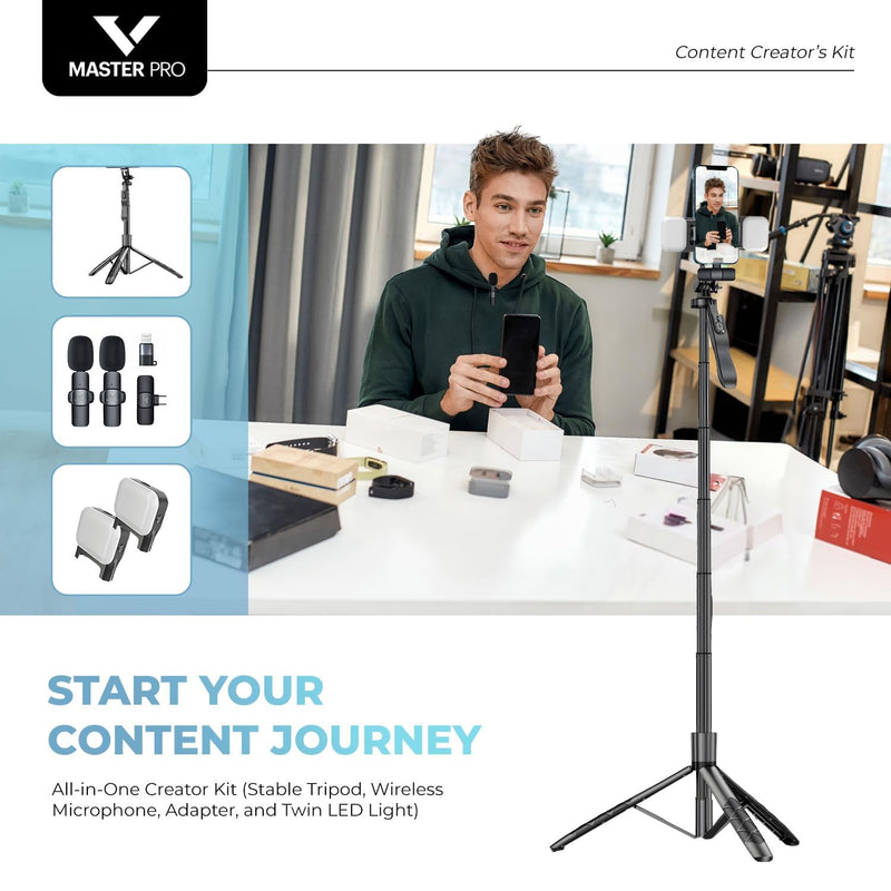 Vlogging Kit for iPhones, Tripod for Phones, Selfie Stick, YouTube TikTok Video Vlogging Stabilizer, Signal-to-Noise Rate ≥64dB, 65-100mm Phone Size, High Capacity Battery with Bluetooth Mic