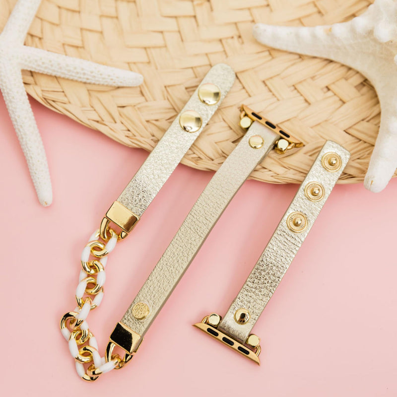Lilly Pulitzer Skinny Leatherette Watch Band with Chain Sized to Fit 38mm, 40mm, 42mm, & 44mm Smartwatches, Compatible with Apple Watch Series 1-6 and SE, Gold