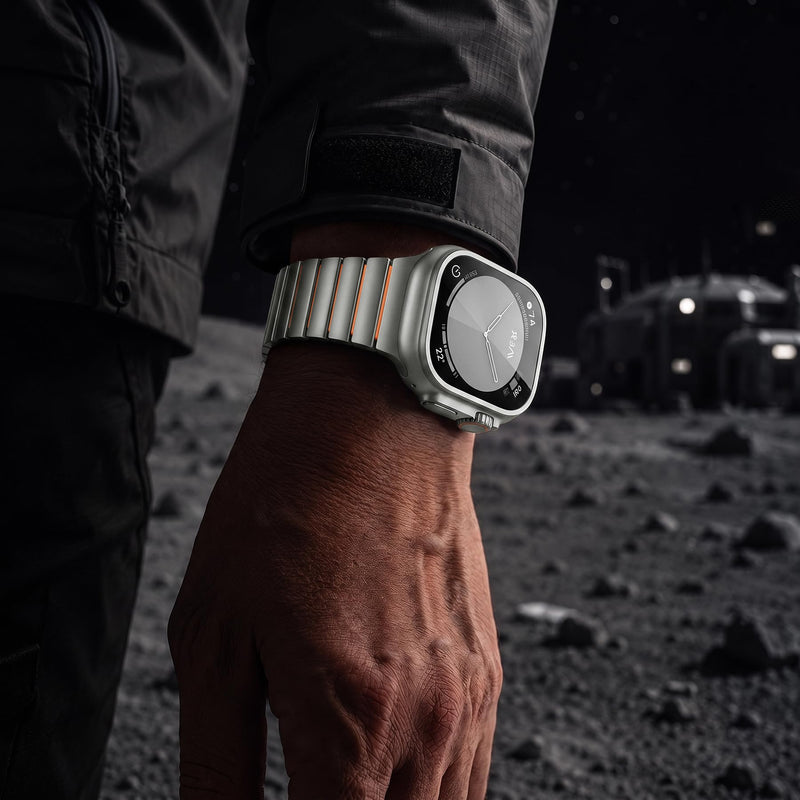 Magnetic Metal Band for Men, Compatible with Apple Watch 42-49mm | Luxury Titanium Silicone Strap, Lightweight Sport Band for iWatch Series 1/2/3/4/5/6/7/8/9/10/11/SE, Fits 5.4"-7.7" Wrists Titanium + Orange