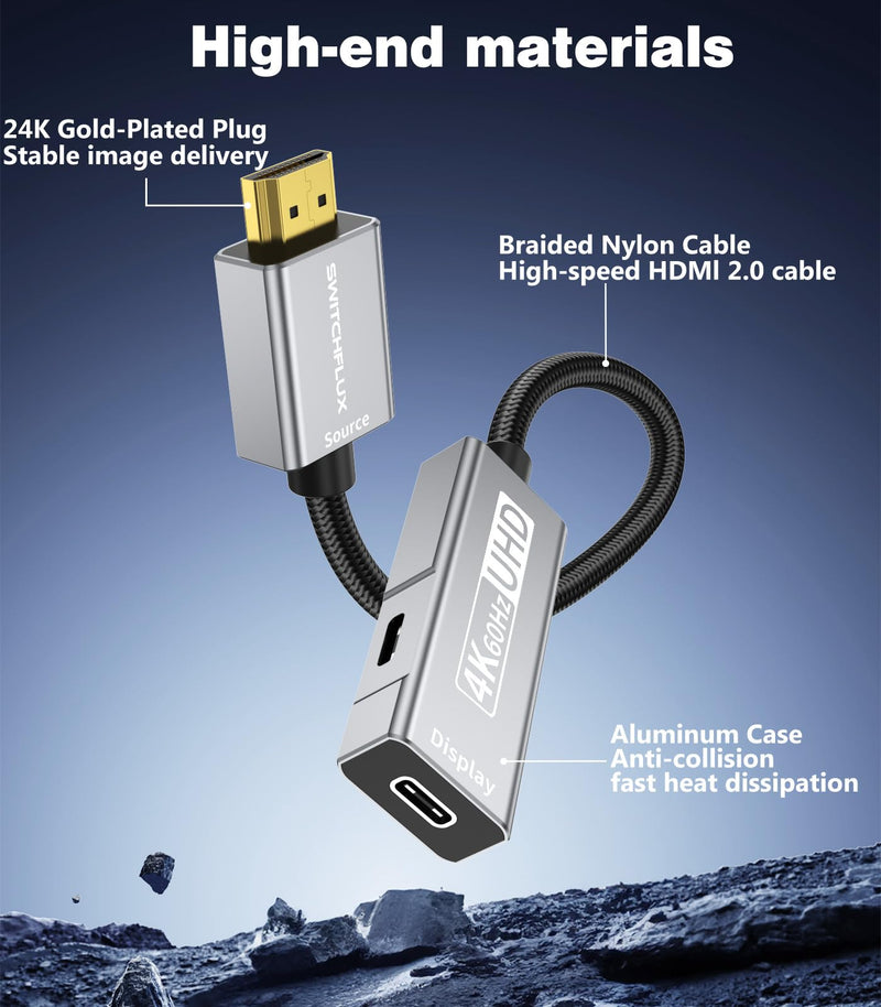HDMI to USB C Adapter,4K60Hz Uni-Directional HDMI (Source) to USB C (Display) Converter for AR Glasses XREAL One,Air 2 Pro,VITURE Pro,RayNeo Air 2s,PS5,Switch,Xbox,Portable Monitors
