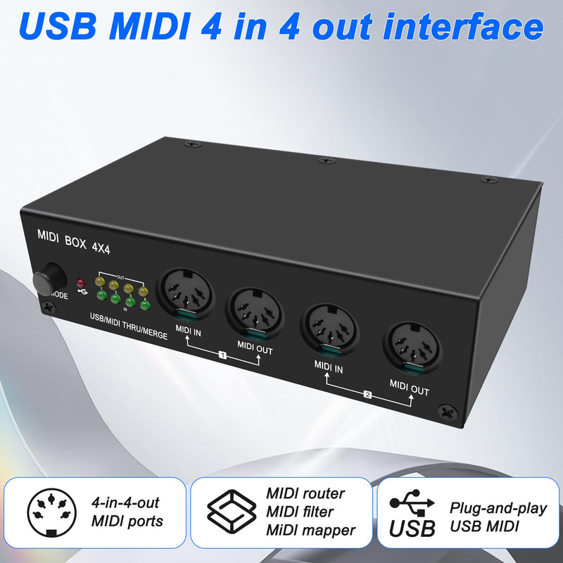 XMSJSIY USB MIDI Interface Box 4 In 4 Out 64 Channel MIDI Thru Box 4 * 4 Converter with Router Merge Splitter Thru Hub with LED Indicators for PC Mac and USB MIDI instruments - 1PCS
