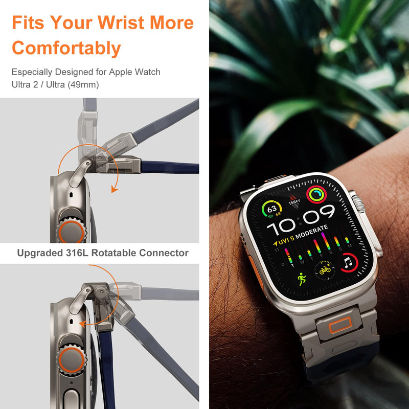 Sport Band for Apple Watch Ultra 2 & Ultra 49mm, FKM Rugged Ultra 2 Watch Bands for Men, Waterproof Apple Watch Wristband with Metal Connector, Men's Military Sport iWatch Replacement Strap 49mm-24mm Blue