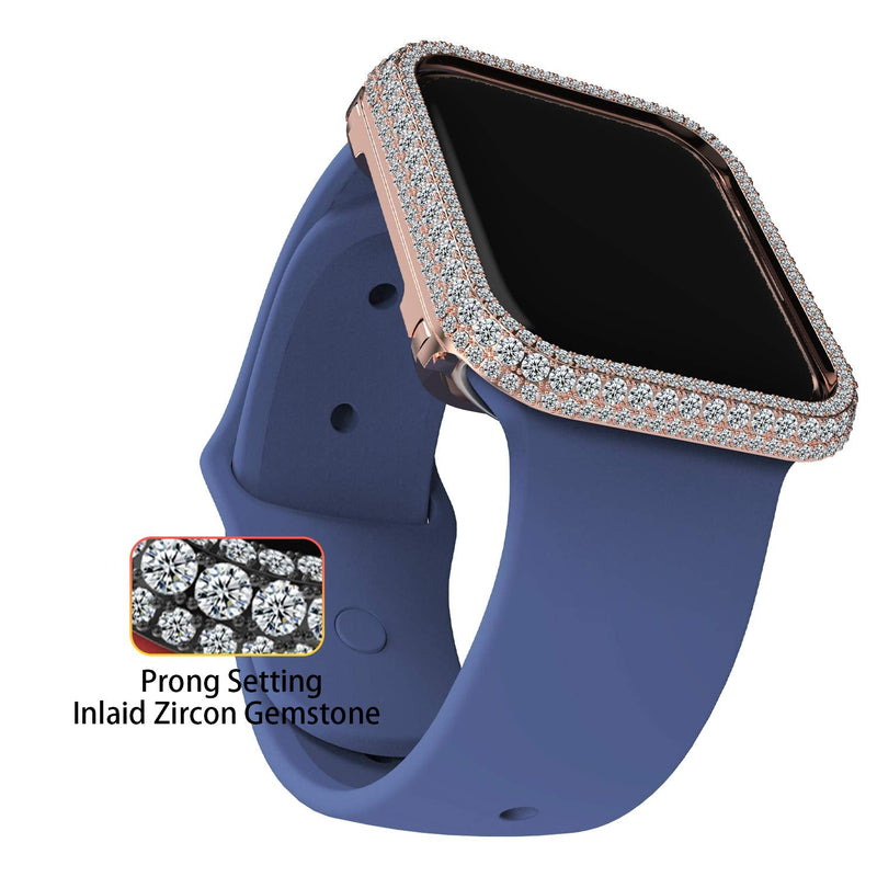 Full Bling Rhinestone Crystal Diamond Metal Alloy Bezel Frame Case Cover Compatible Apple Watch Series 4 5 6 SE (Rose Gold, 44mm)
